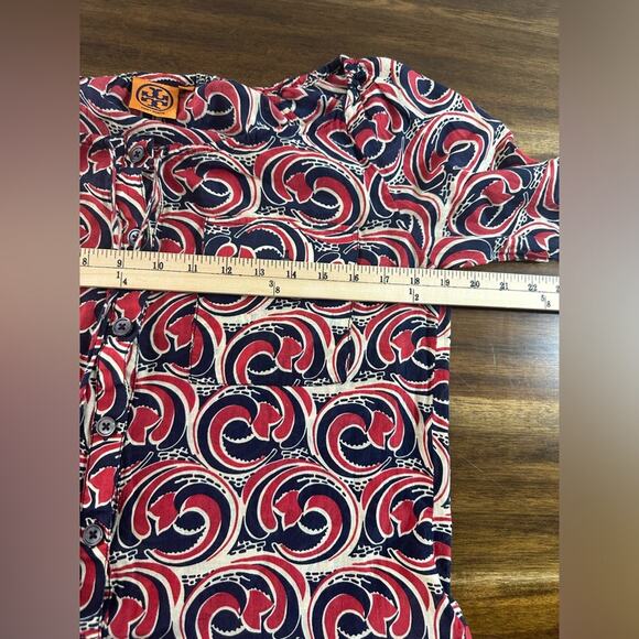 Tory Burch Cotton Silk Blend Wave Print Button Front Boho Blouse Tassels Size 6 - Picture 6 of 7